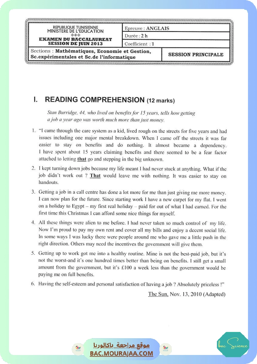 Sujet principale anglais Bac 2013 – Section science